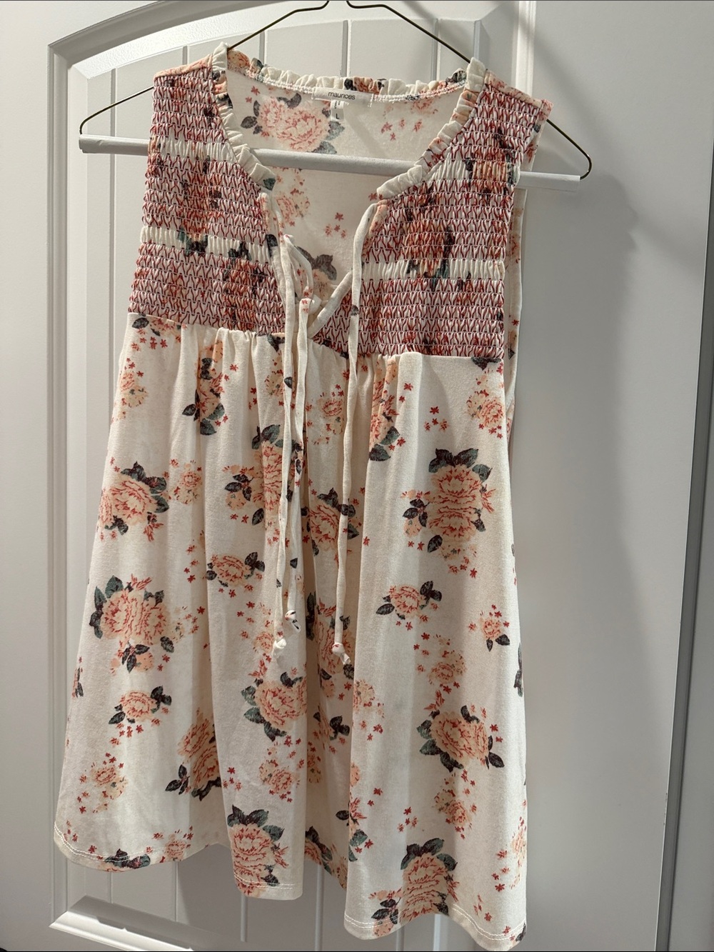 Maurices Cream Floral Smocked Tie-Front Tank with Pink Blooms